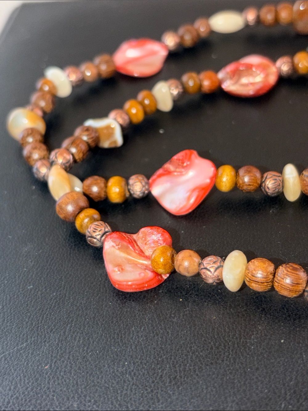 Handmade Brown and Coral Shell Pendant Necklace - Picture 6 of 8